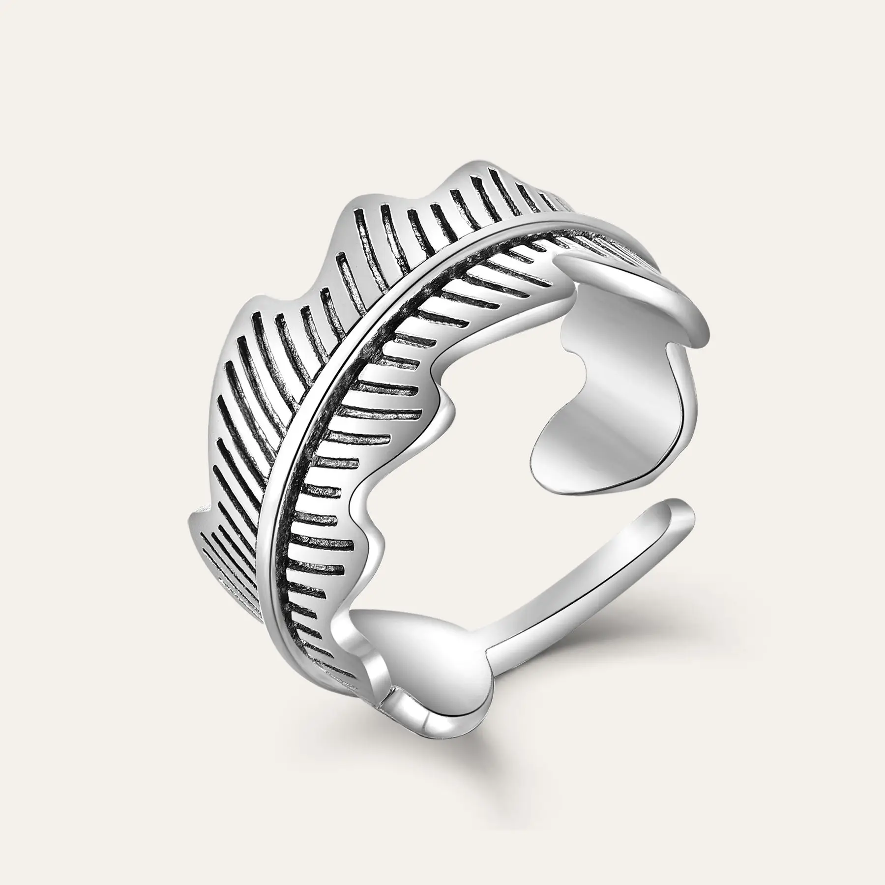 S925 Sterling Silver Feather Ring For Men And Women Simple Fashion Leaf Opening Adjustable Size Ring Jewelry