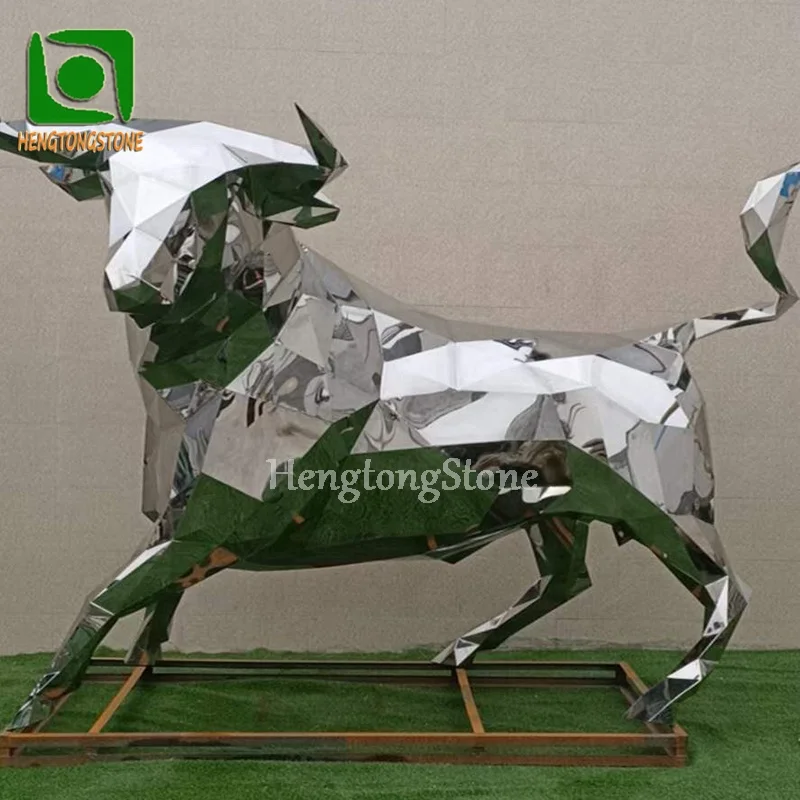 Outdoor Decorative Stainless Steel Mirror Polished Cow Sculpture Metal Animal Statue