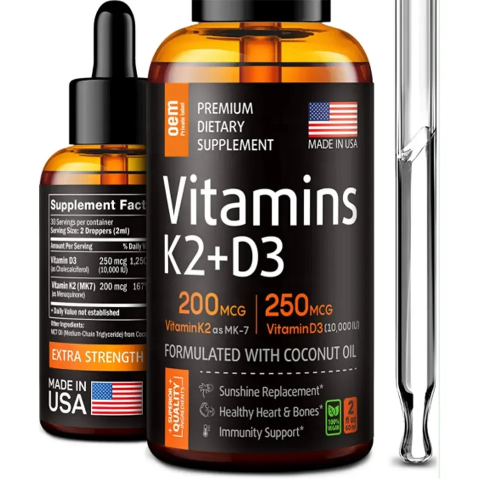 Biocaro OEM Private Label Vegan Vitamin Drops Vitamin D3 K2 Liquid Drops for Energy Booster Vitamin Liquid Dietary Supplement