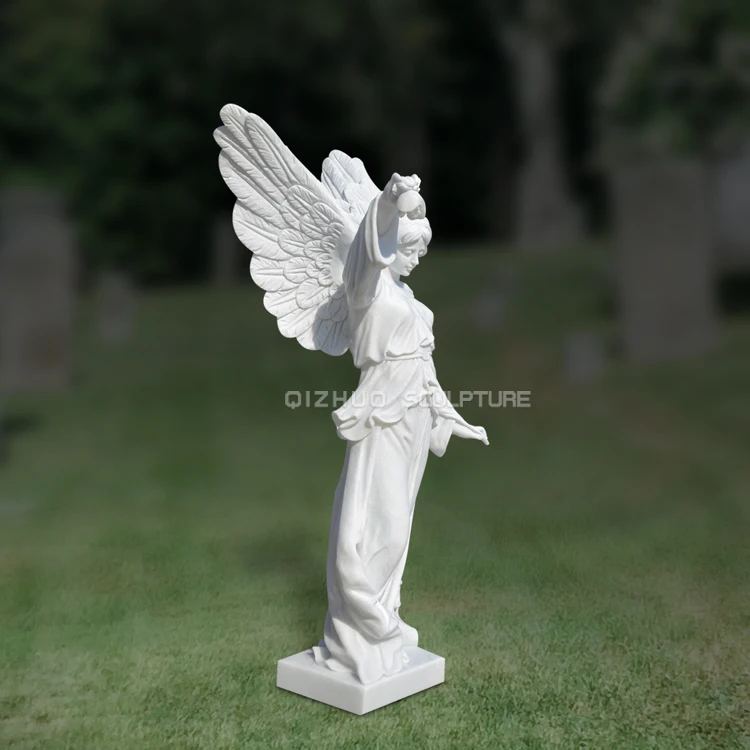Life Size Natural Stone Monuments Sculpture Carved Female White Marble Angel Headstone Statue
