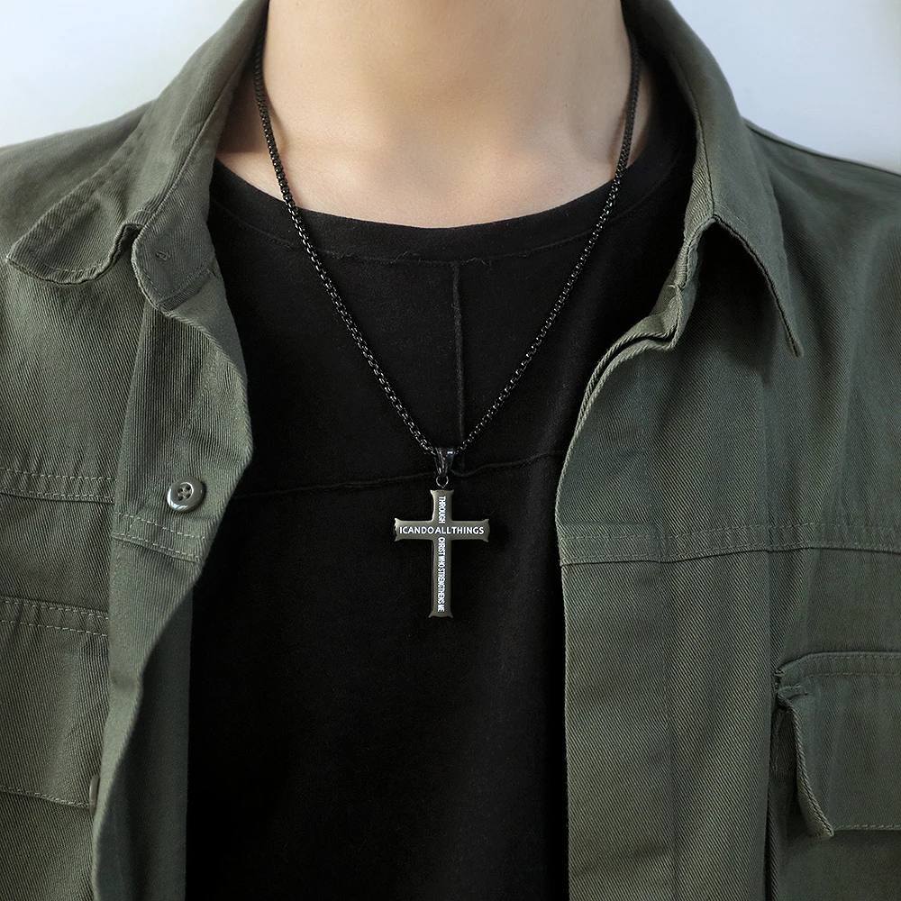  Inspirational Engraved Jewelry I CAN DO ALL THINGS Cross Pendant Custom Logo Stainless Steel Silver Gold Black