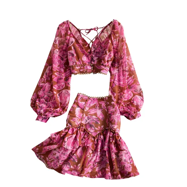 Ensemble deux Sexy en mousseline de soie pour femmes hauts courts + Mini jupevolants nouvelle collection printemps automne sexy