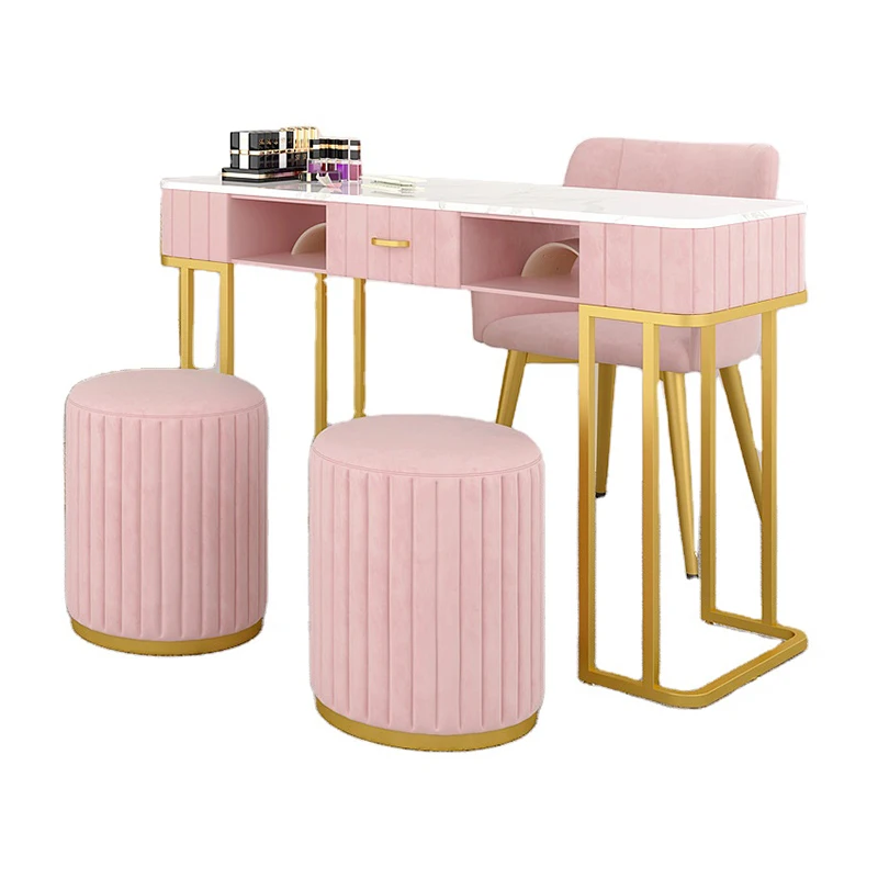 Wholesale Fashion High Quality Nail Table set Modern Salon Furniture Pink Cheap Manicure Table Set Metal Nail Table with Stool