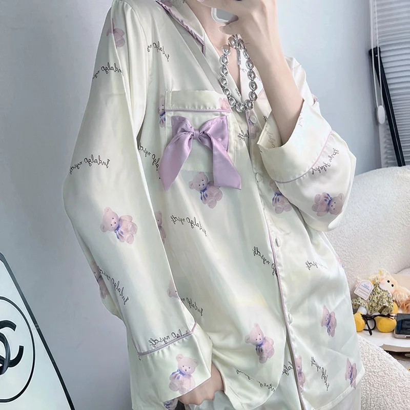 new arrivals  luxury silk satin Pajamas long sleeve Cartoon bear pyjama sleepwear ice silk cute  night wear for women