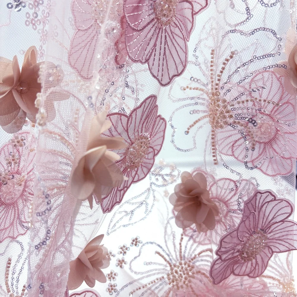 American fashion organza kids dresses 3d flower embroidered rose fabric kids dress fabric material beaded swiss lace