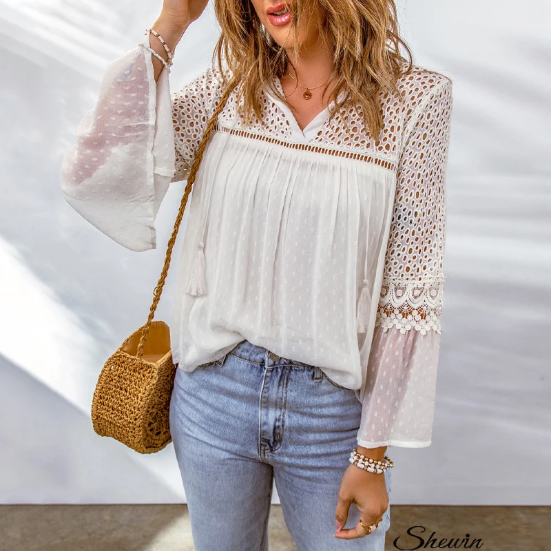 Spring Summer 2023 Swiss Dot Blouse Lace Crochet White Blouses Elegant Women