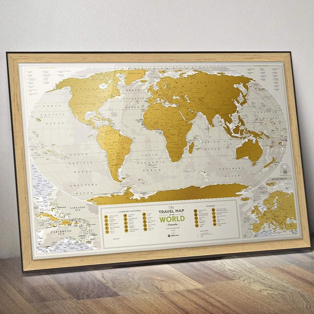 Big scratch off world map poster for travel with printed logo