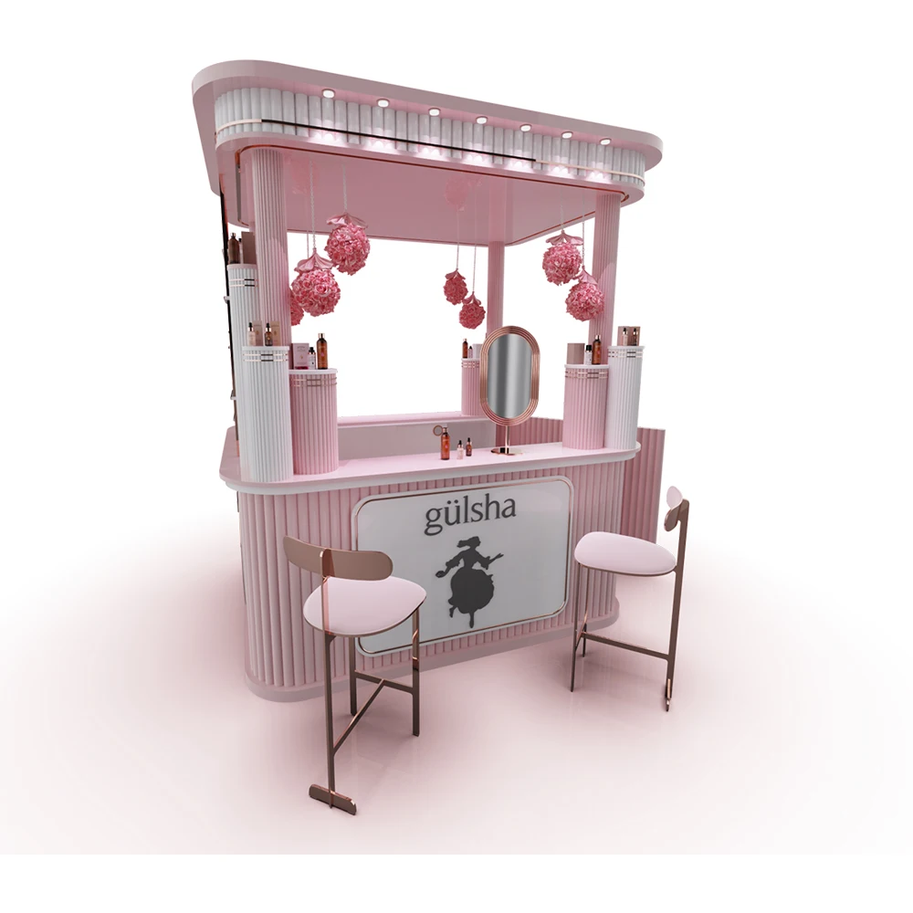 Pink color kiosk design Customized Mall makeup booth design beautiful cosmetic kiosk for shopping mall