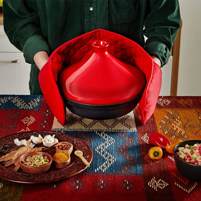 Красная чугунная Марокканская тагина, 4 кварты, эмалированная подставка и конусная керамическая крышка для выпечки, жарки, духовки, кухонные принадлежности