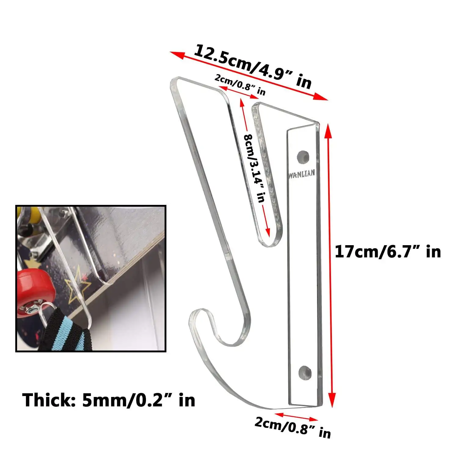 Clear Acrylic Skateboard Deck Display Wall Mount Hanger Rack Longboard Storage Rack