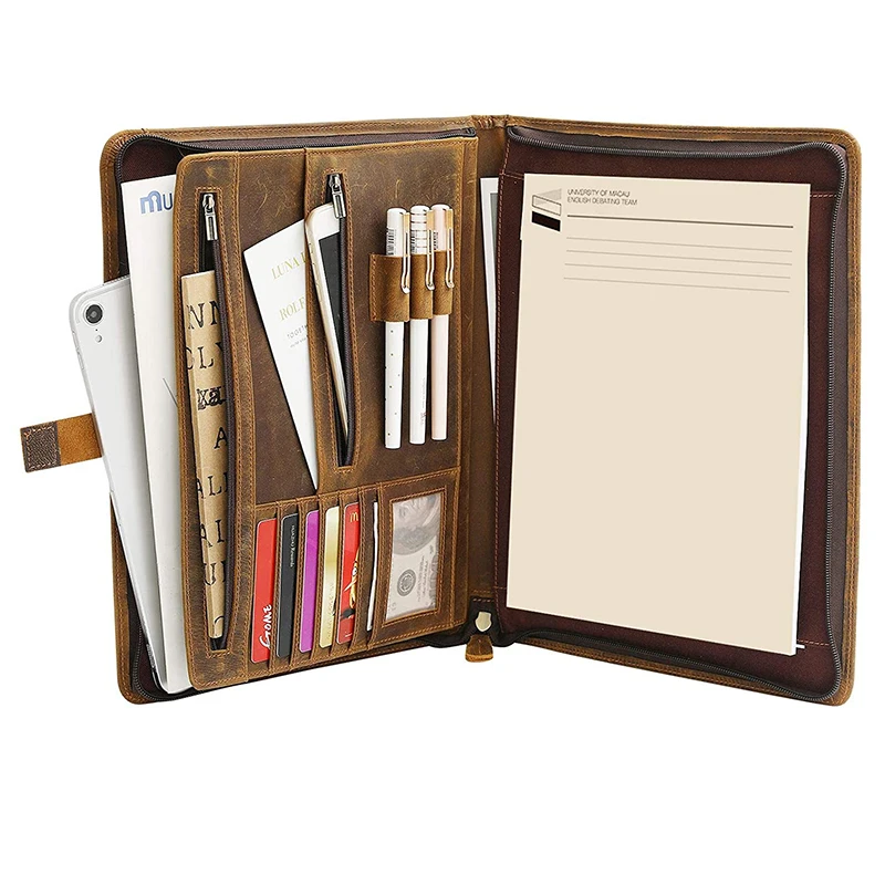 Custom Water Resistant Padfolio Portfolio Genuine Leather Binder Business Folder Resume Document Organizer Notebook with Zipper