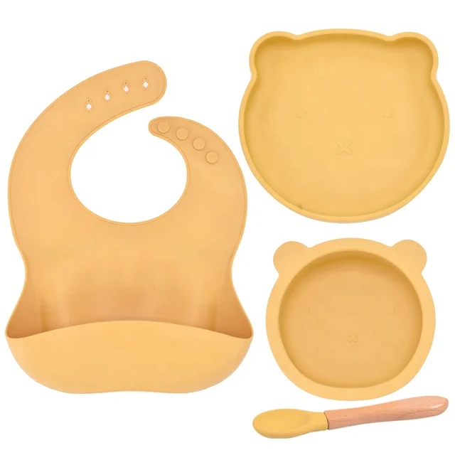 Low MOQ 4 Pcs Full Silicone Baby Food Dinnware Set Food Grade Silicone Bowls Spoon Infant Feeding Tableware