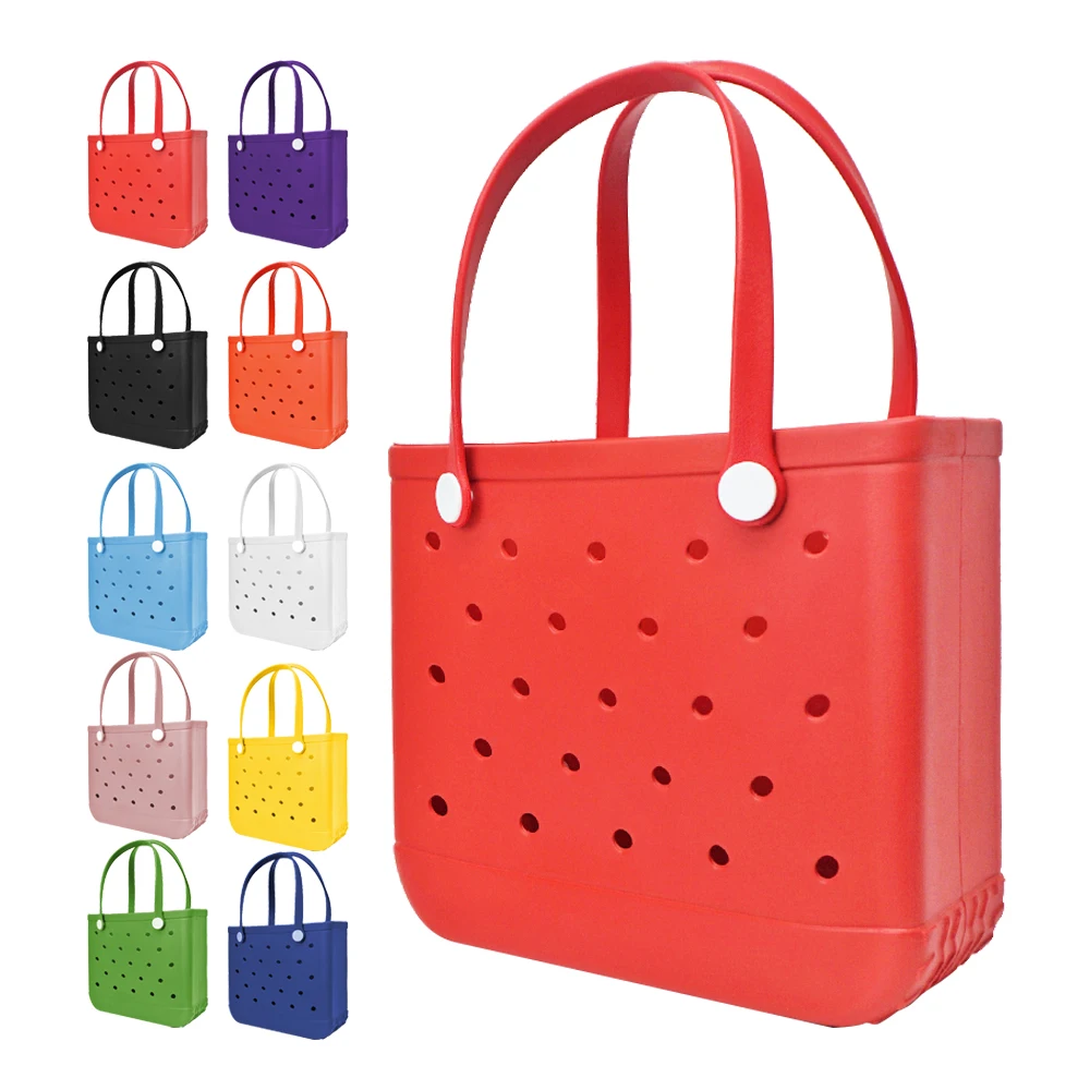 Large Rubber Waterproof Beach Tote Bag Washable Anti-tip Durable Beach Storage Basket Hole Opening Tote Bag