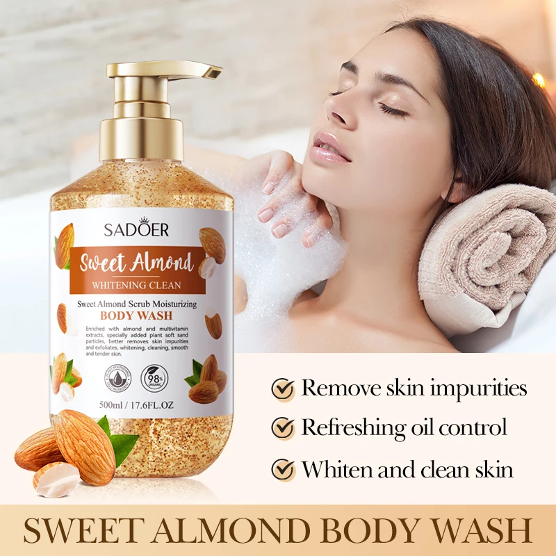 SADOER Private Label Skin Care Products Natural Moisturizing Whitening Shower Gel Organic Sweet Almond Scrub Bath Body Wash