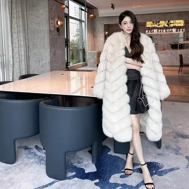 High-End X-Long Real Fox Fur Coat Women Luxury Genuine Fur Jacket Fashion Furry Overcoat Winter Ladies