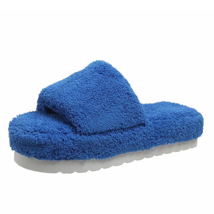Factory Summer Open Toe Thick Soled Furry Solid Color Home Fluffy Faux Fur Slides Slippers for Women