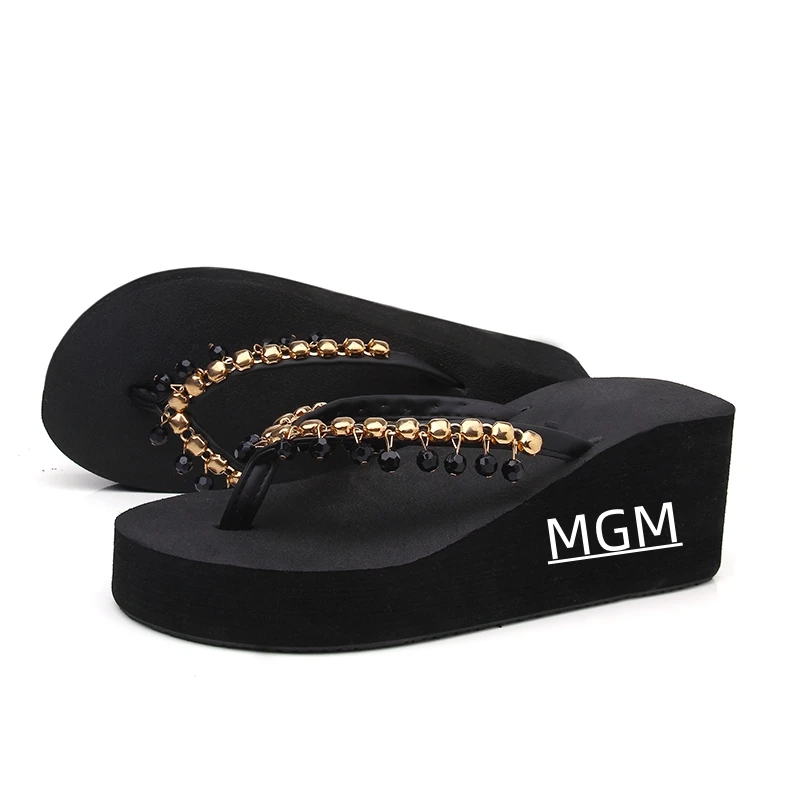 Women wedges flip flops summer trendy beach sandals black onyx rhinestone slippers