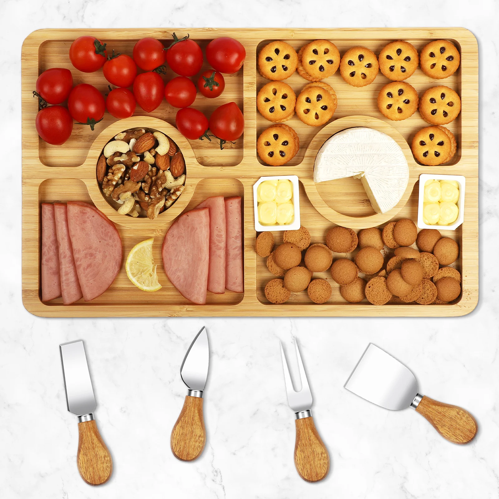 XH 2 Pack Charcuterie boards,Bamboo Cheese Board set with 4 pcs Knives, Cutting Boards Wood Party Serving Trays and Platters