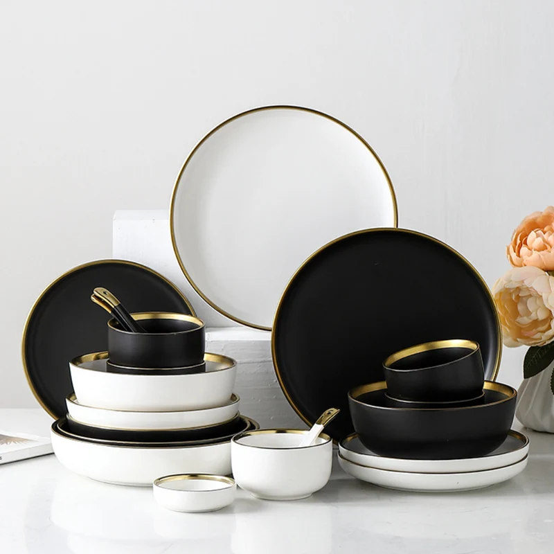 Wholesale Luxury Matte Ceramic Gold Rim Black And White Nordic Style Dinner Sets Bowls Dinner Plate