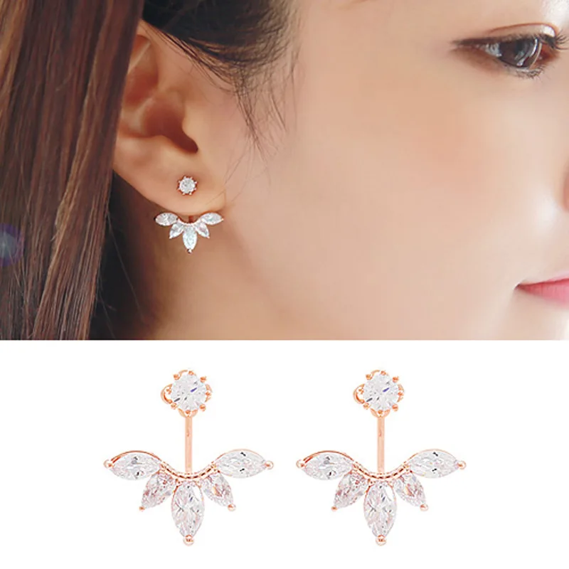 S925 Sterling Silver Needle 18k Gold Plated Cubic Zirconia Leaf Feather Front Back Ear Cuffs Stud Earring for Women