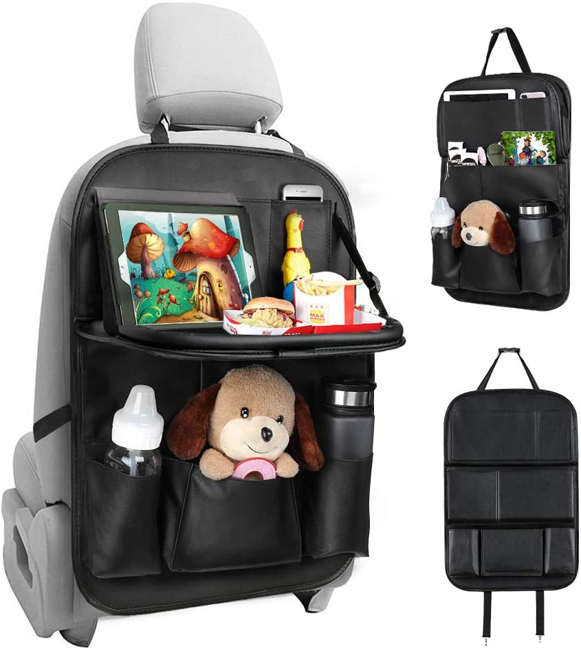 
Custom PU Leather 9 Pockets Car Backseat Organizer with Foldable Tablet Holder Tray 