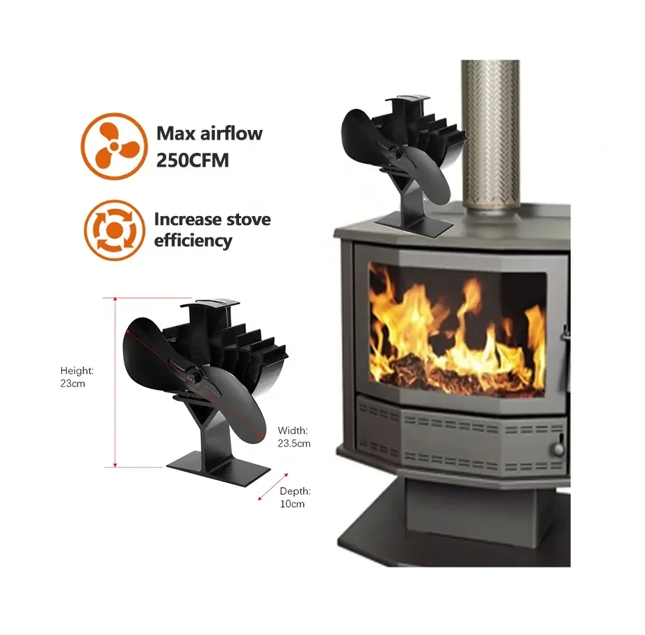2 Blades Wood Log Burn Wood Burning Winter Stove Fan Eco Fan Large Airflow Self-Powered Silent Fireplace Fan