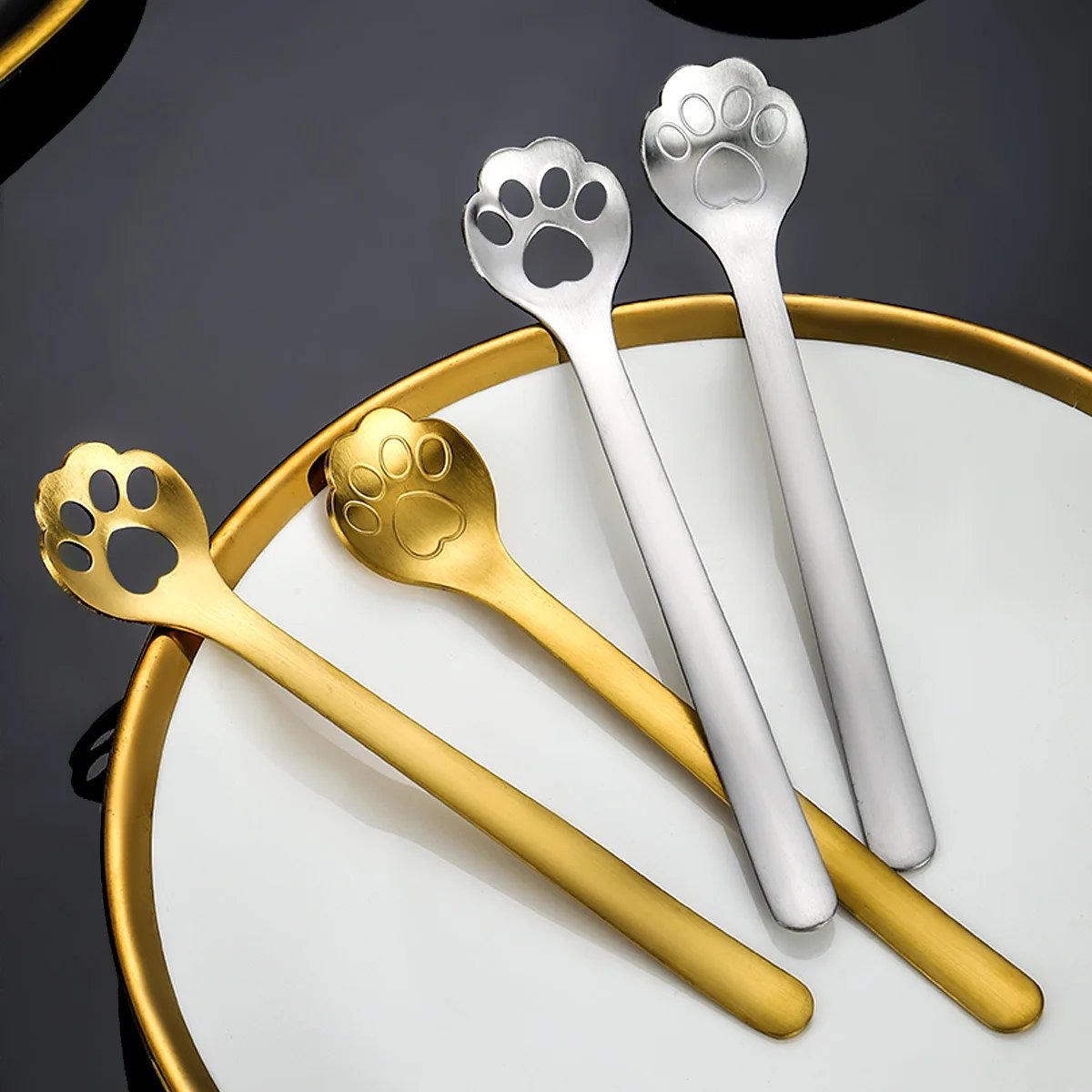 Cheap promotion drinking stirring serving food tea gold spoon stainless steel cat paw mini customized cute novelty coffee spoon