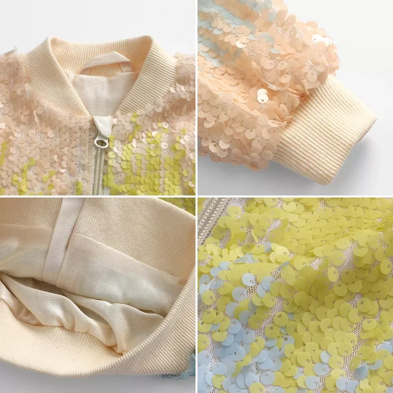 Fancy Spring Kids Top Tie Dye Sequined Long Sleeve Rib Cuff Hem Bomber Jacket Zipper Reversible Sequin Coat For Girl