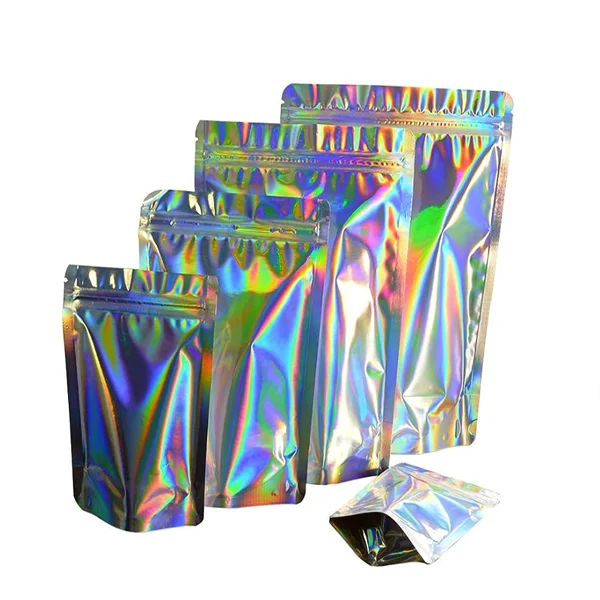Custom Glossy Holographic Three-Sided Sealing Laser Film Plastic Food Packaging Bag with Zipper Top Smell Proof