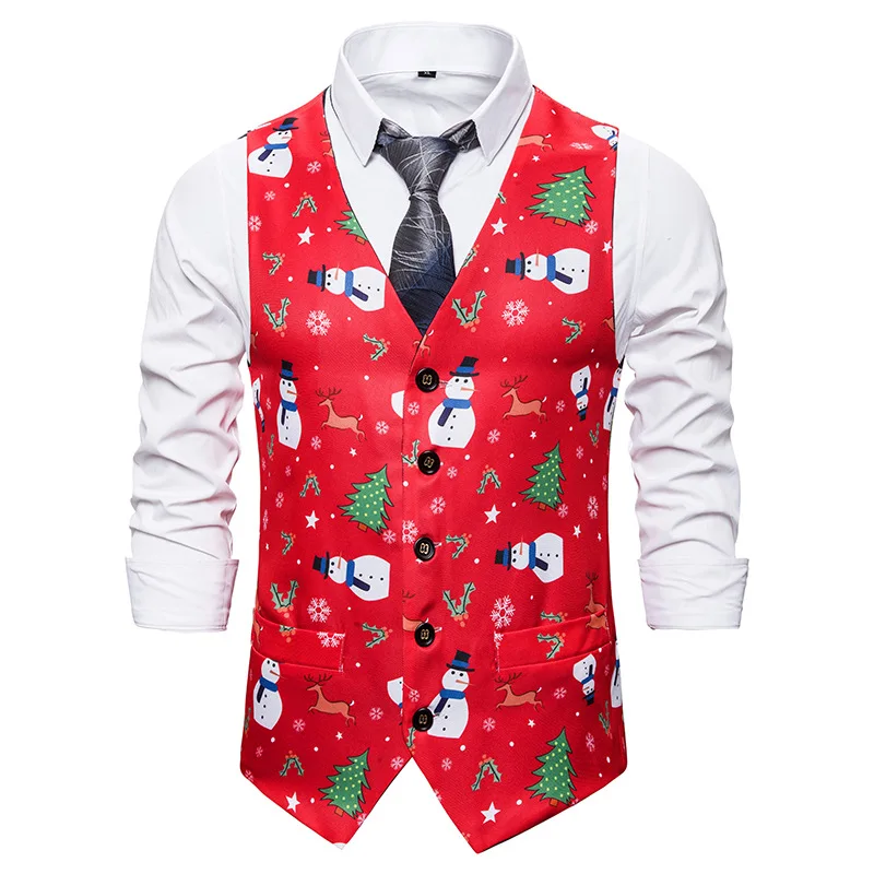 New Christmas Party Waistcoat V-neck Single Breasted 3D Print Vest for Men