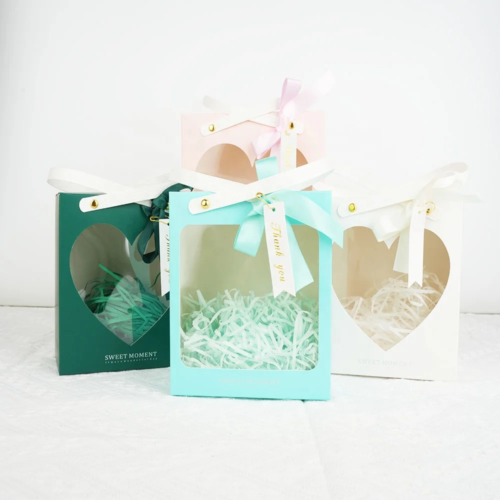 Box Printing Luxury Celebration Empty Chocolate Candy Heart Window Boxes Packaging with Raffia Handle and Ribbon