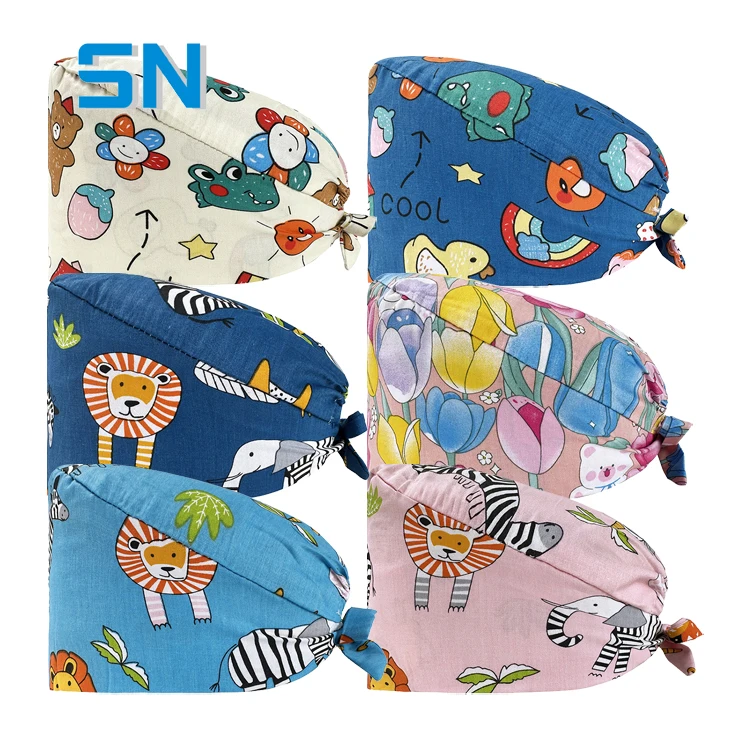 OEM Custom Unisex Nursing Scrub Cap Bonnet Printed Satin with Bow Hospital Uniform Sweatband Surgical Medical Ponytail Holder