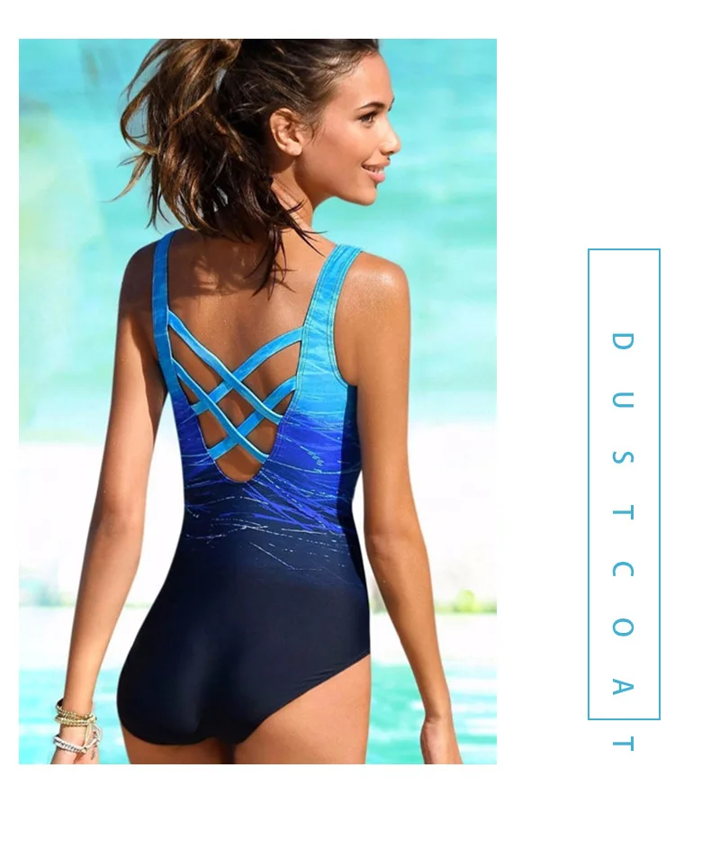 Push Up Swimwear Cross Back One-piece Beach Bathing Suit Gradient Print Plavky Sexy One Piece Women Swimsuit