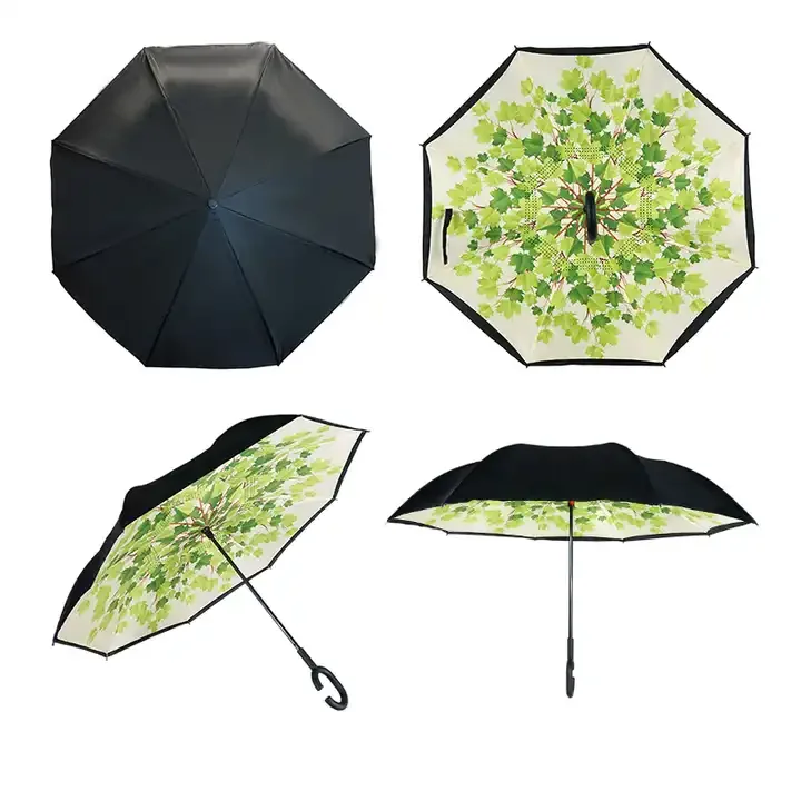 inverse car Umbrella with logo prints Custom Double Layer Inside Out C Shape Handle design inverted Folding Reverse Umbrella