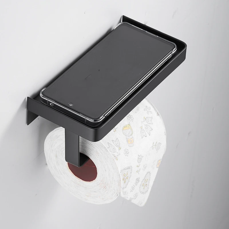 Toilet Tissue Paper Holder with Mobile Phone Storage Shelf Black SUS304 Stainless Steel Screw Wall Mounted Shelf