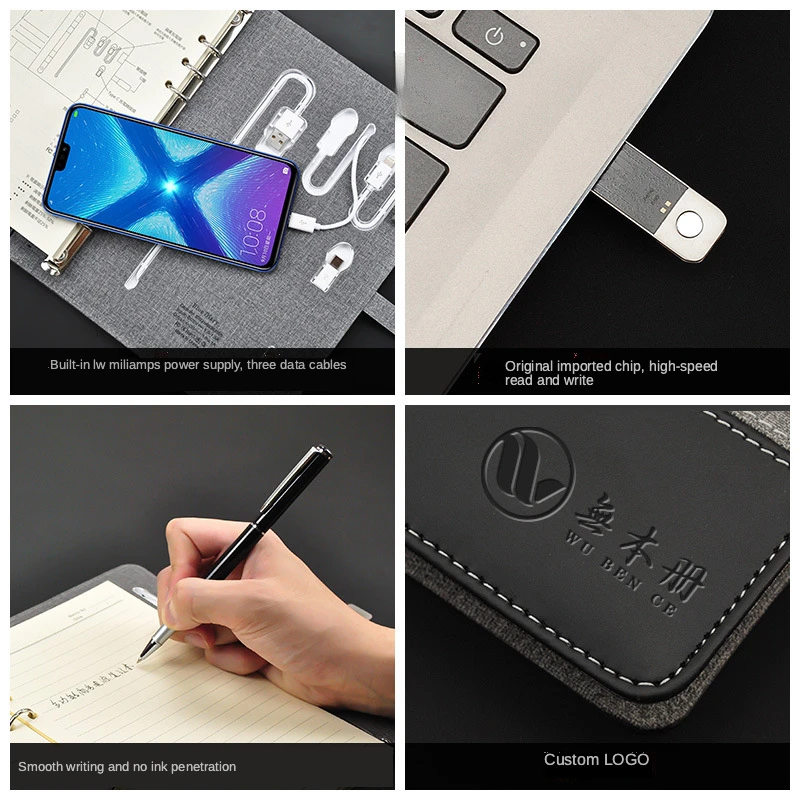 Multi Functional Wireless Charging Note Book 8000mAh Power Bank Binder Spiral Diary Book+USB Flash power connect