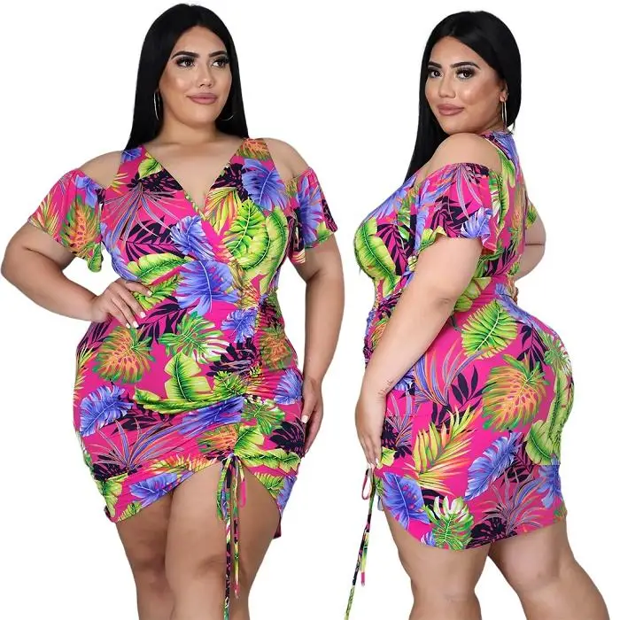 Hot sale fashion V neck short sleeve Plus Size ladies printing Clothing Casual Women 2021 Dresses