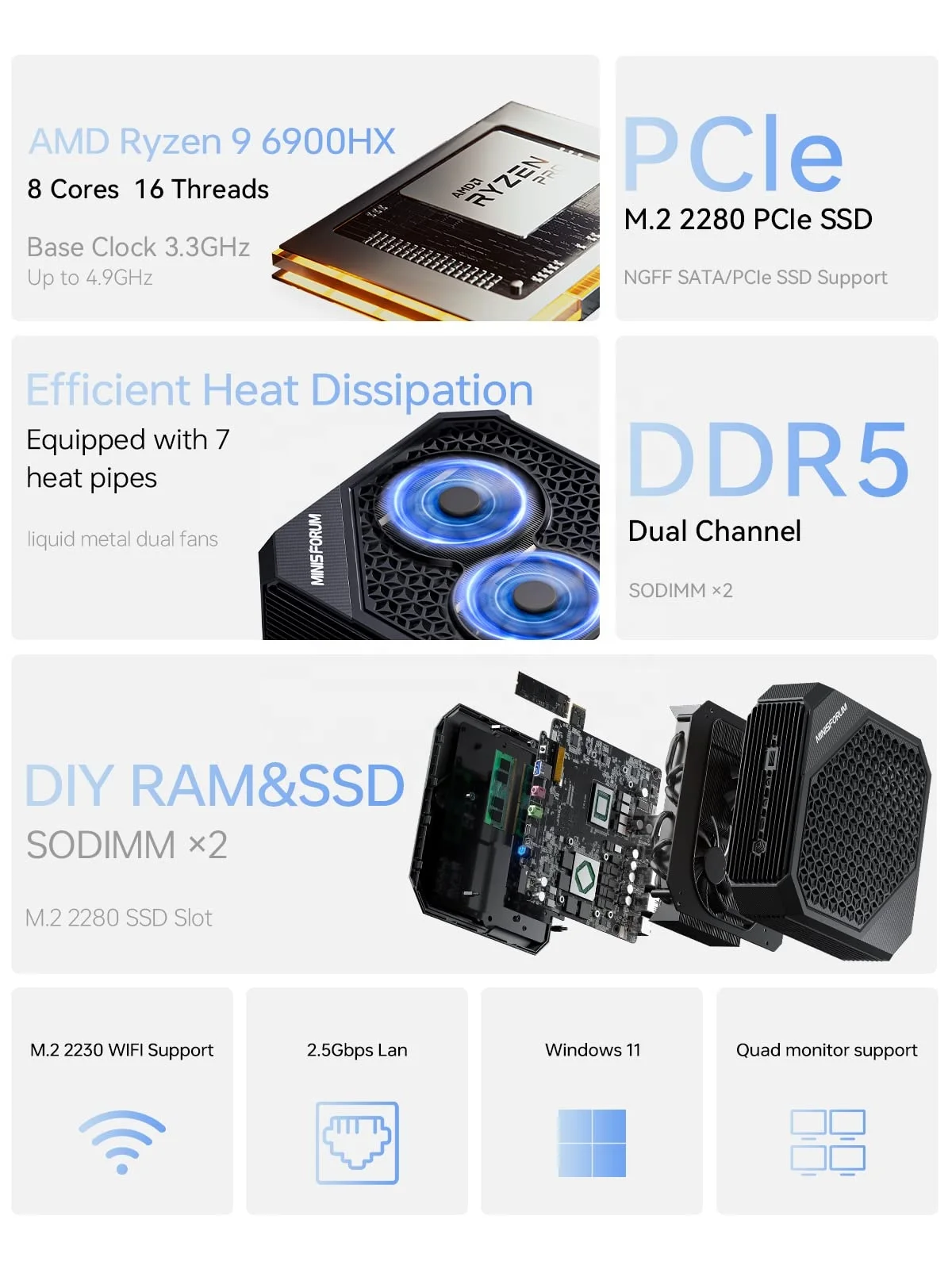 MINISFORUM HX99G AMD Ryzen 9 Processor RX 6600M GPU Computer 64GB RAM 512GB SSD Con Linux Windows 11 Pro Gaming Desktop Mini PC