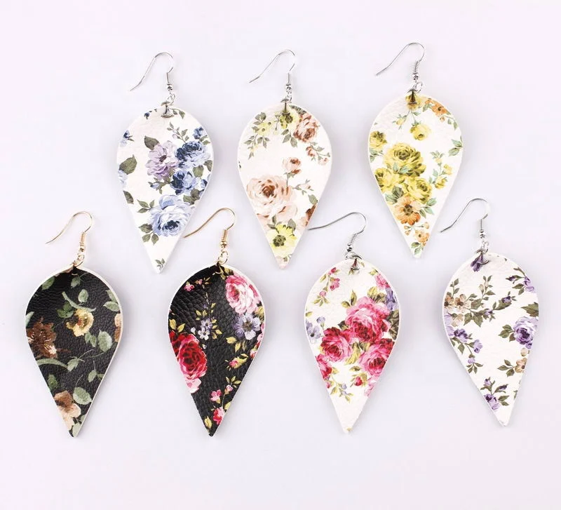 Rose Floral Printed Leaf Shape Faux Vegan Leather Dangle Drop Earrings for Women Fashion Chic Spring Leather Earrings
