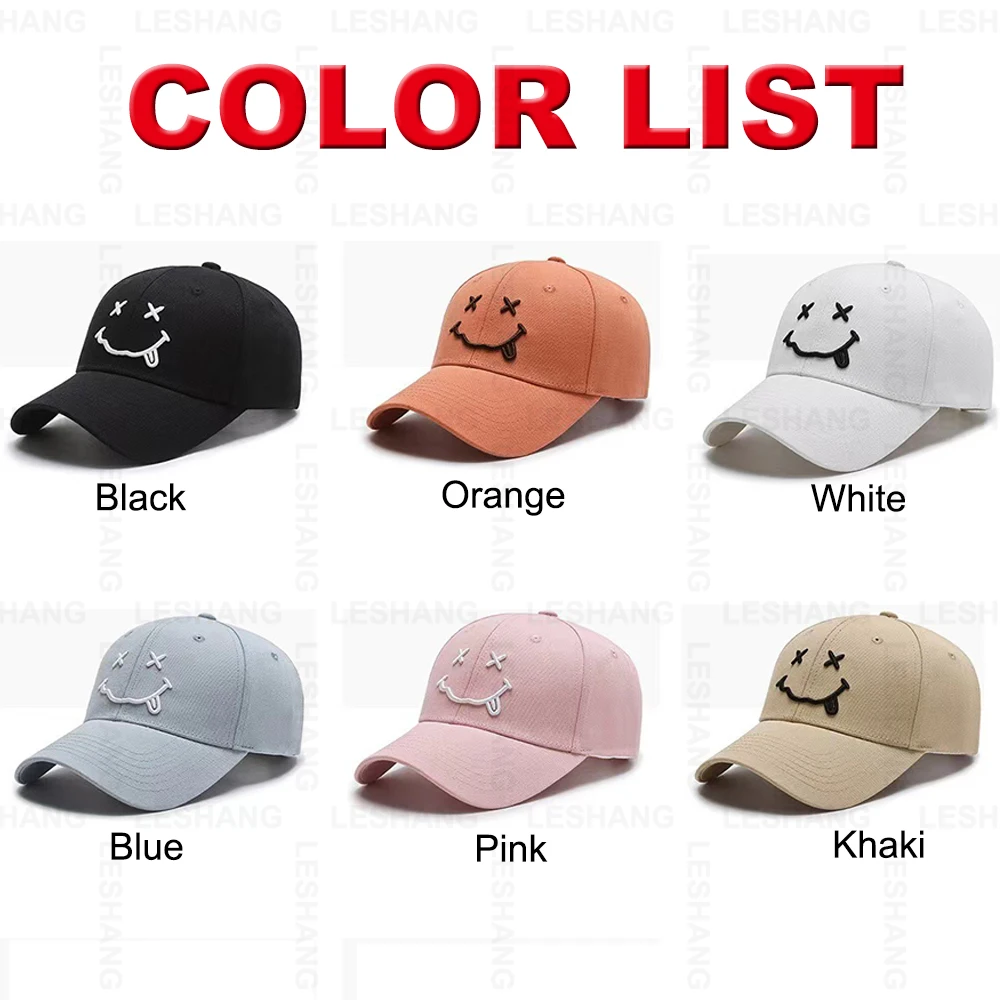Fashion Curved Brim Structured Blank Sport Hats Custom Cute Smiling Face Embroidery Logo Cotton 6 Panel Plain Baseball Caps