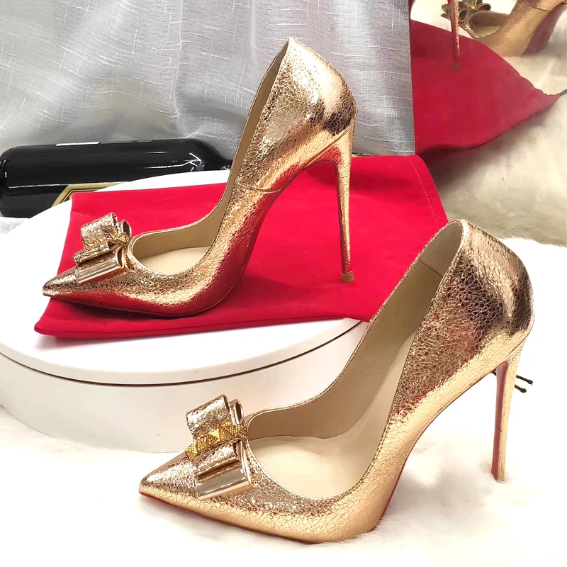 
Wholesale Gold Bow pointed toe Sexy High heels 8/10/12 cm Stiletto rivet studded pumps women shoes large size size 43 45 