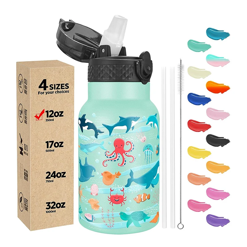 12 oz Thermal Insulated Stainless Steel Reusable Glass Forest Animals Children Water Bottle With Straw Cover For Kids Girls Boys