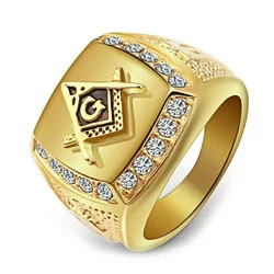 Factory direct sale Master Freemason Masonic Signet Rings Stainless Steel Iced Out Crystal Bling Gold Ring for Men Hip Hop ring