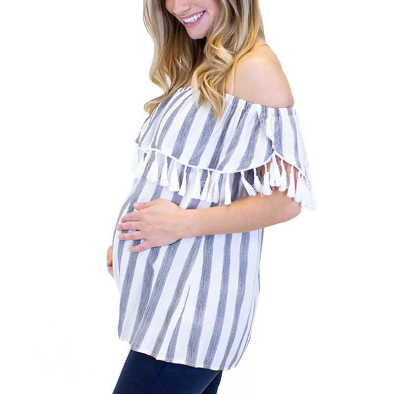 Summer Pregnant Blue Off Shoulder Striped Women Blouse Maternity Clothing