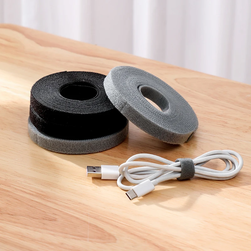 Grey Reusable Hook and Loop Cable Tie Roll Fastening Wraps Self-Gripping Straps Cords Ties Wire Organizer Tidy Roll Tape