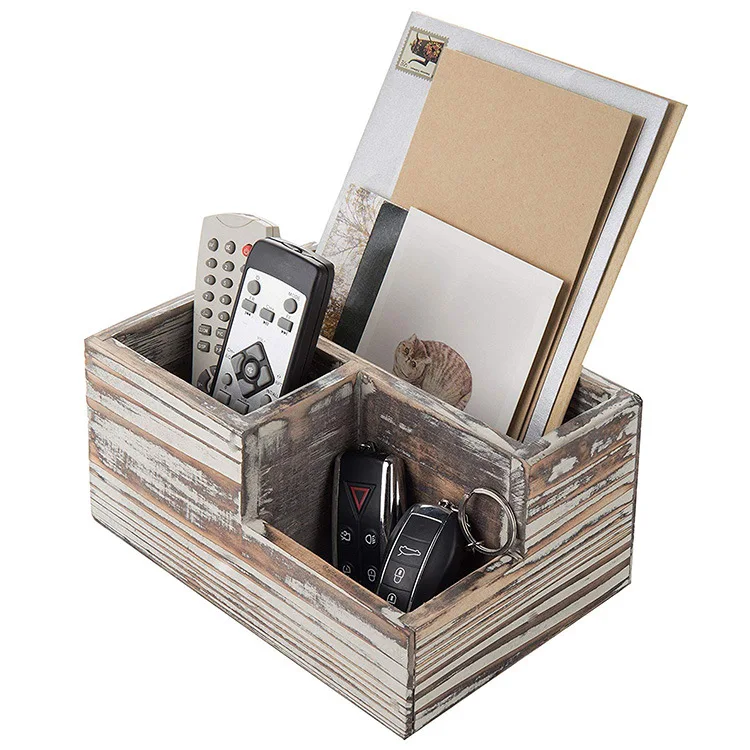 
Rustic Torched Wood Desktop Office Supplies Caddy & 3 Slot Letter Mail Sorter Organizer 