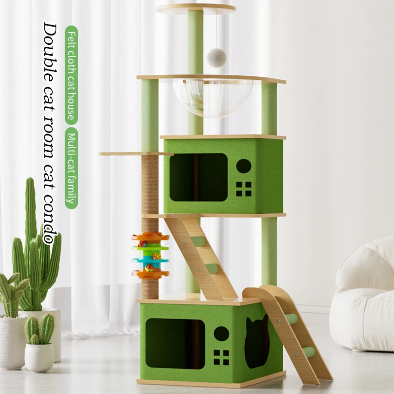 Factory discount green wooden sisal scratching cat tree condo with pet house pet toys large scratcher wooden cat tree tower