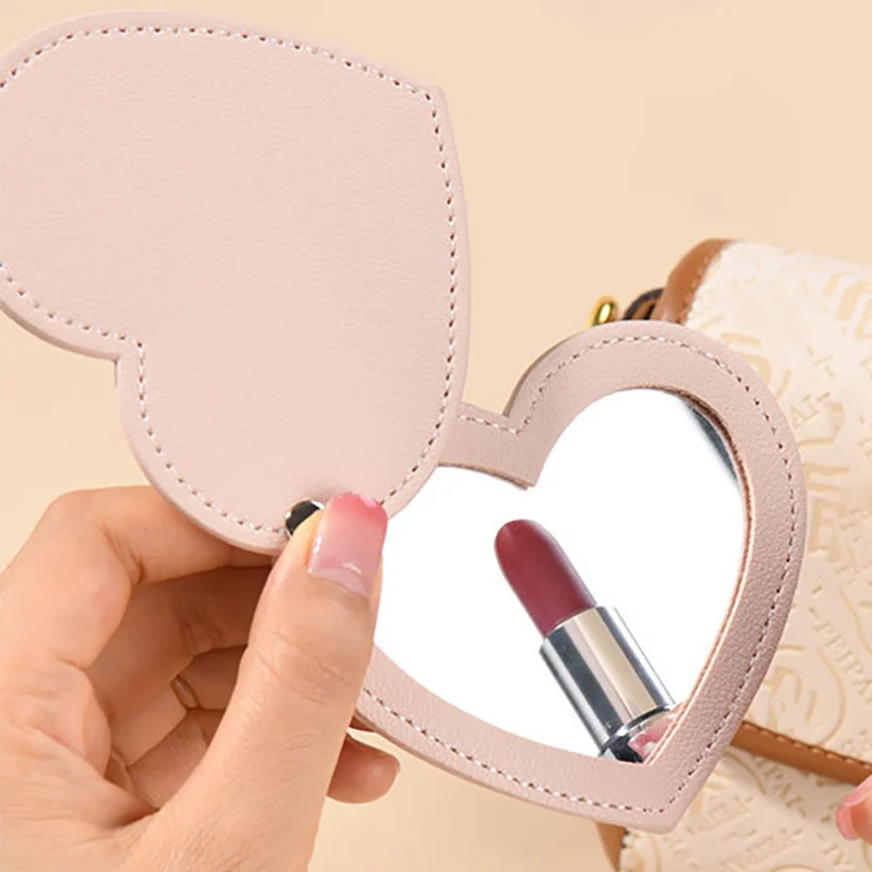 Mini Ultra-thin PU Leather Cosmetic Mirror Unbreakable Makeup Tool Travel Heart Shaped Portable Mirror