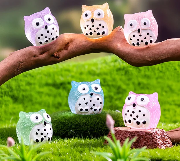 miniature luminous terrarium figurine lucky owl resin small animals sculpture statue growing in the dark fairy garden decoration