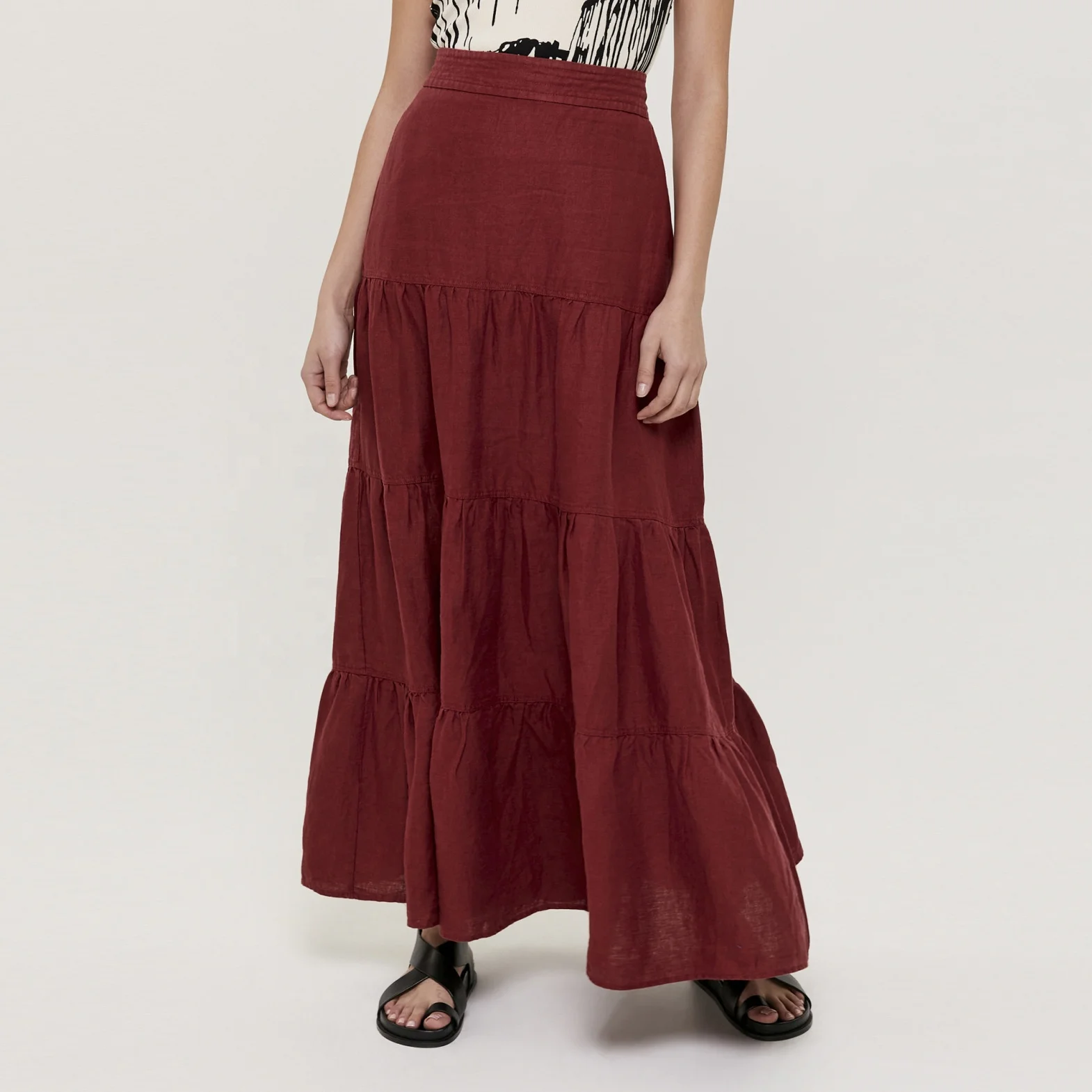 Custom High Waist Linen Ruffle Skirts A-Line Red Maxi Long Skirt For Women